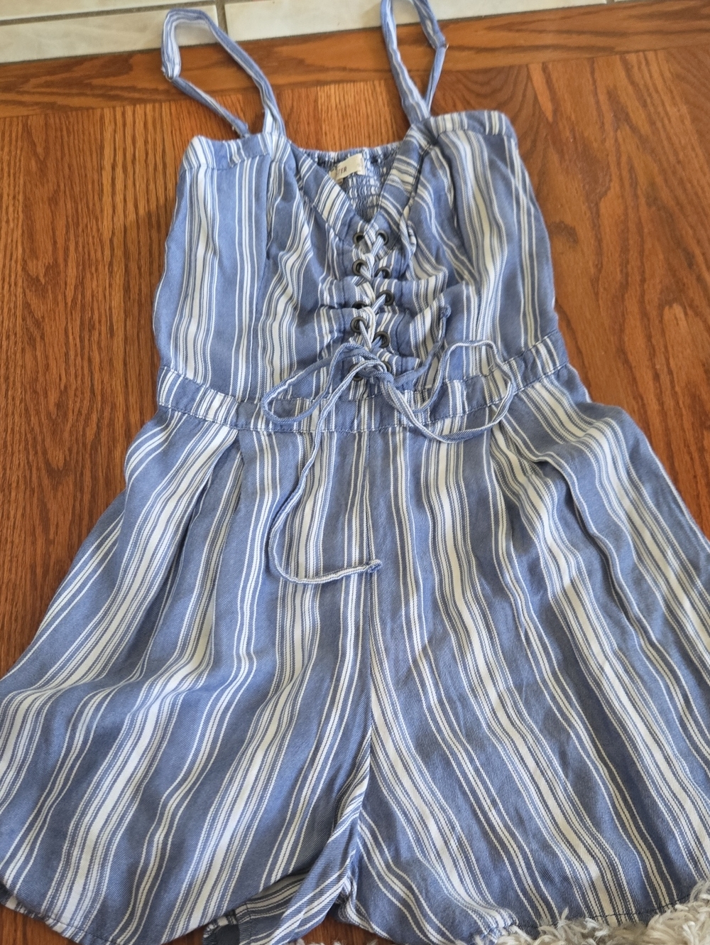 Hollister Blue and White Striped Lace-Up Romper